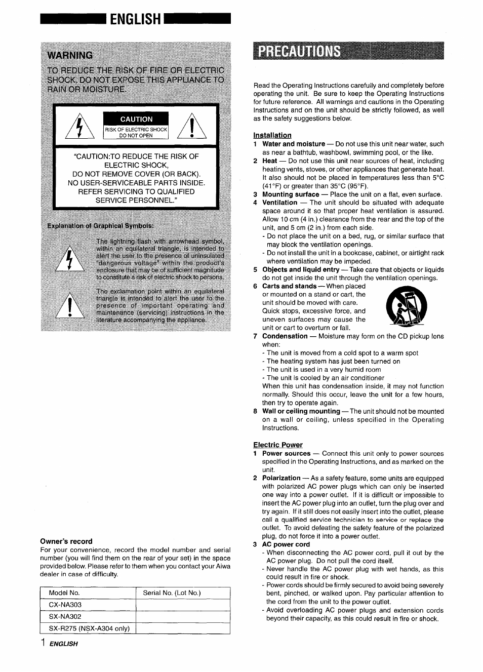 English, Warning, Precauti | Installation, Owner’s record, Electric power | Aiwa CX-NA303 User Manual | Page 2 / 64