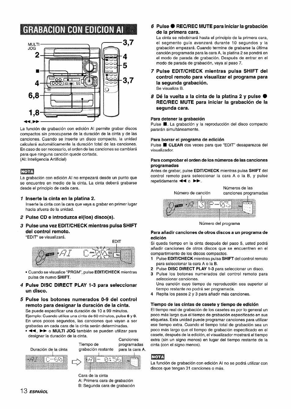 Grabacion con eoicion a, Para detener la grabación, Para borrar el programa de edición | Tiempo de las cintas de casete y tiempo de edición | Aiwa CX-NA303 User Manual | Page 34 / 64