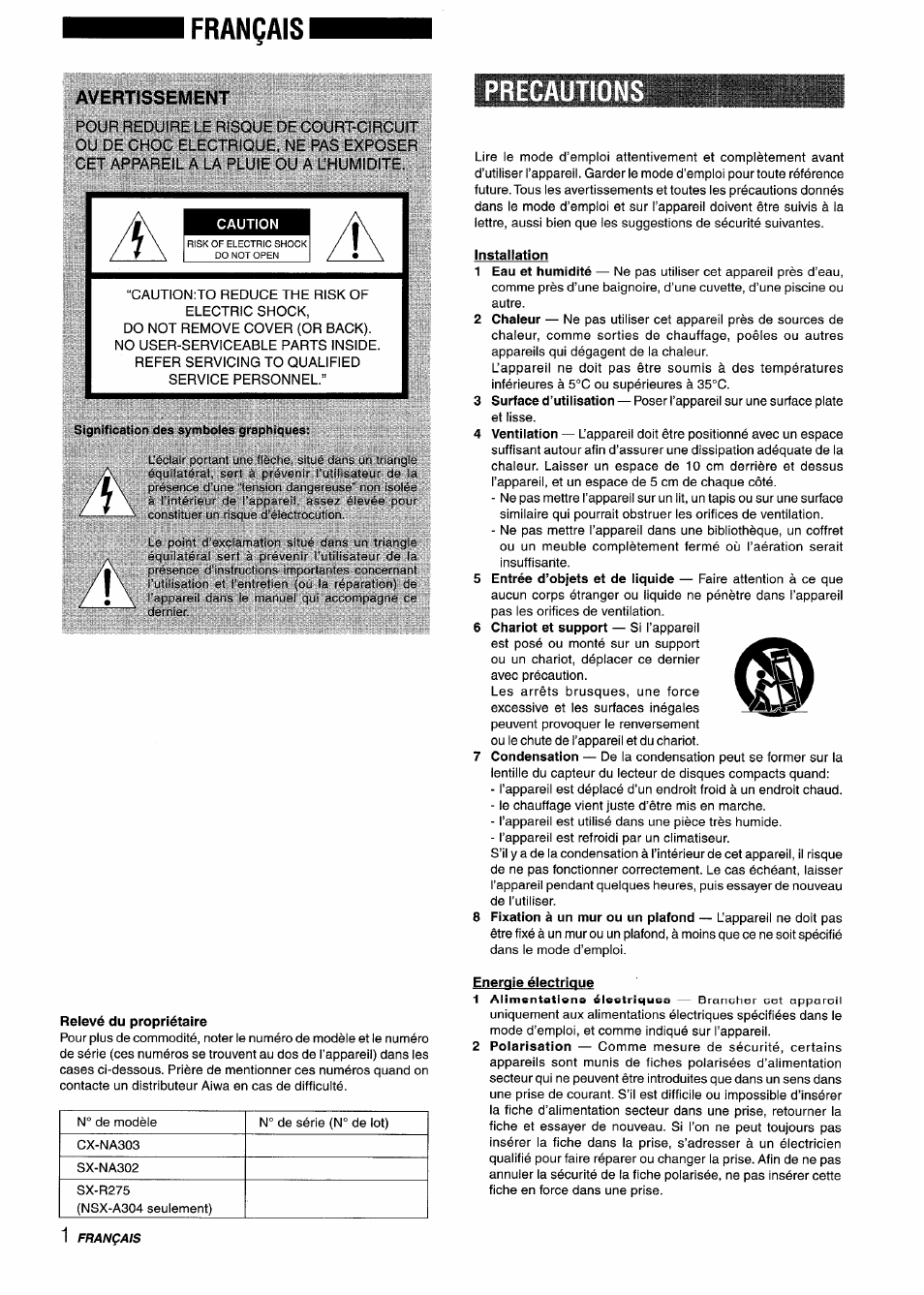 Français, Avertissement, Precautions | Installation, Relevé du propriétaire, Energie électrique, Brancher cet appareil | Aiwa CX-NA303 User Manual | Page 42 / 64