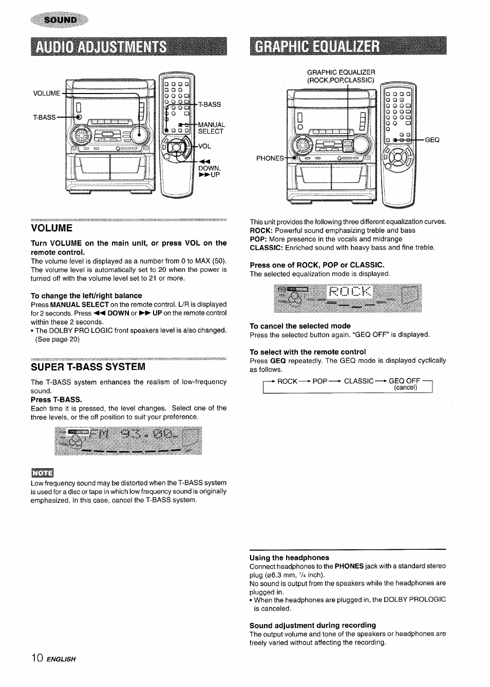 Volume, Super t-bass system, S ".;!= == 00 | R o c k | Aiwa CX NMA545 User Manual | Page 10 / 88