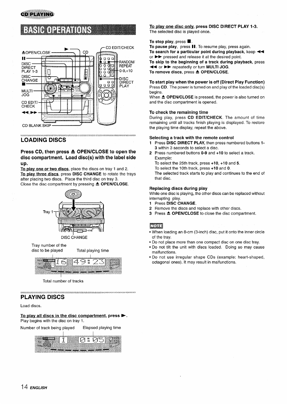 Loading discs, Playing discs | Aiwa CX NMA545 User Manual | Page 14 / 88