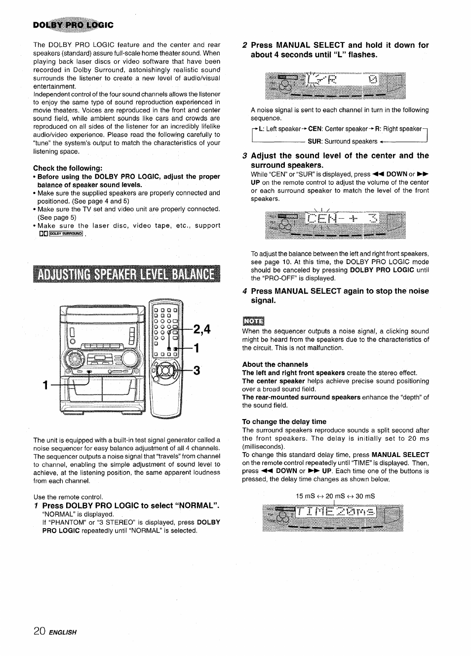 Adjusting speaker level balance, 7 press dolby pro logic to select “normal, Adjusting speaker level balance 2,4 1 | Aiwa CX NMA545 User Manual | Page 20 / 88