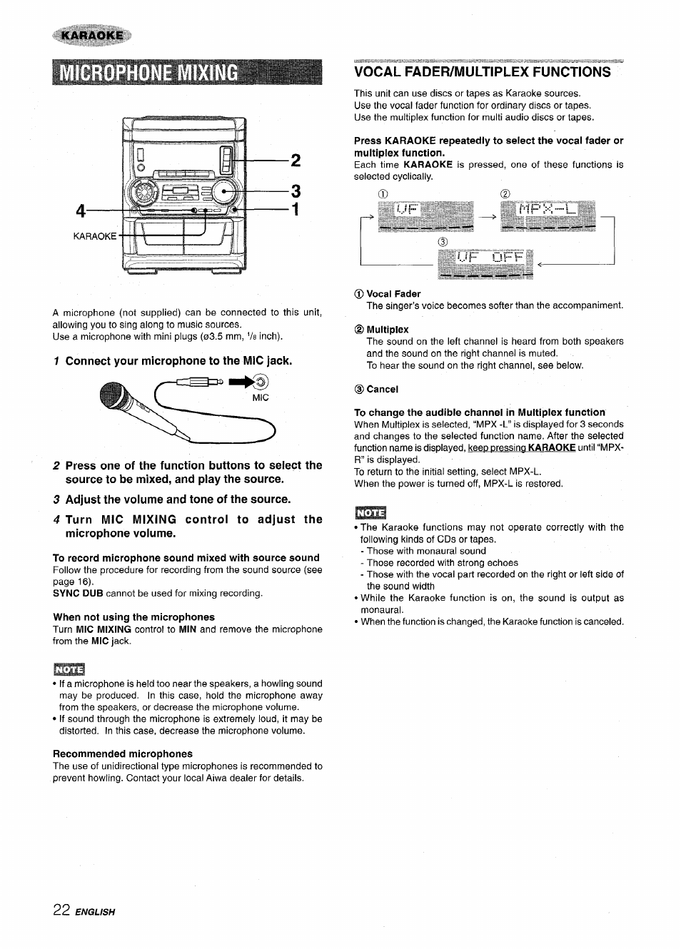 1 connect your microphone to the mic jack, 3 adjust the volume and tone of the source, Vocal fader/multiplex functions | E mixing | Aiwa CX NMA545 User Manual | Page 22 / 88