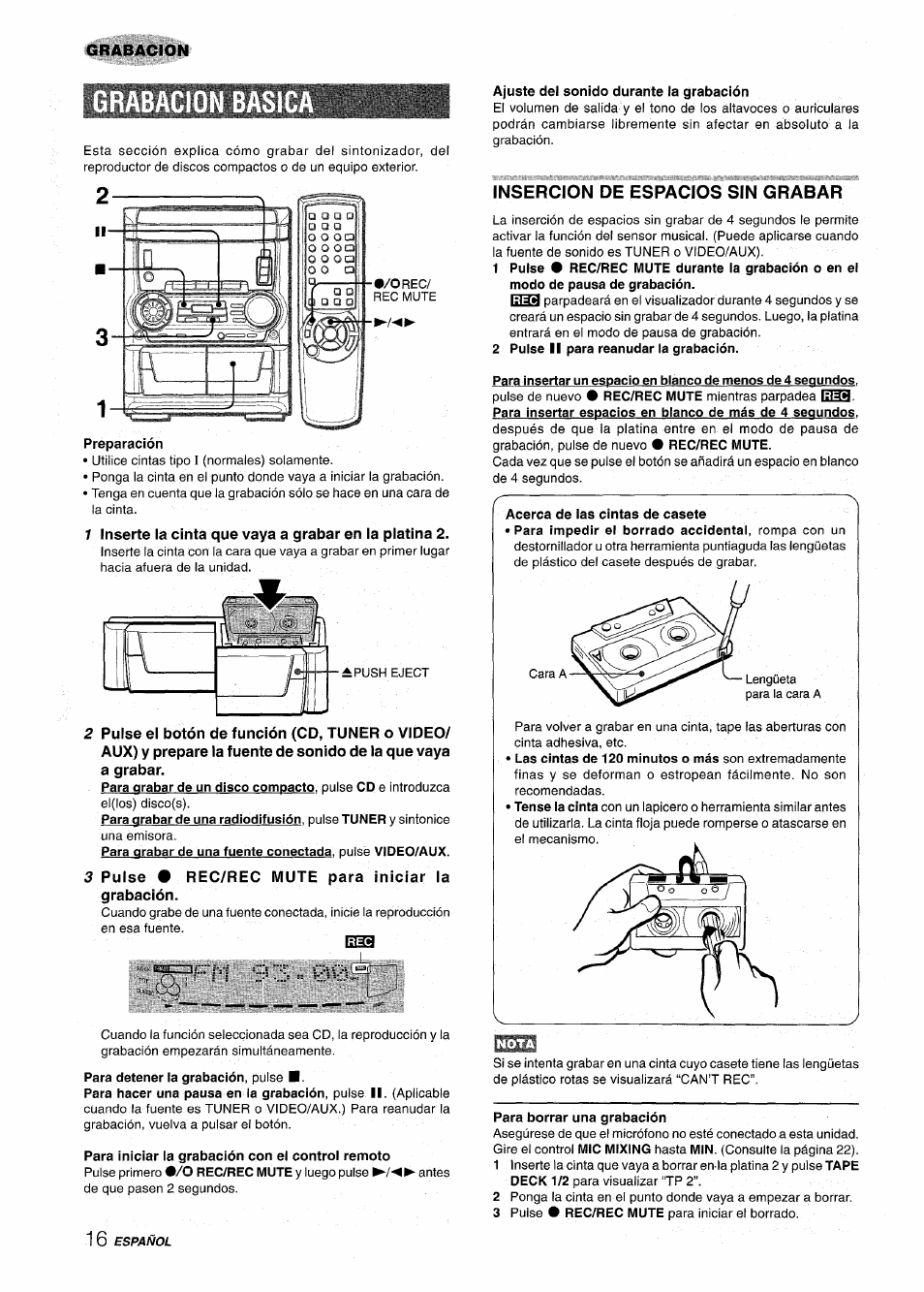 3 pulse • rec/rec mute para iniciar la grabación, Insercion de espacios sin grabar | Aiwa CX NMA545 User Manual | Page 44 / 88