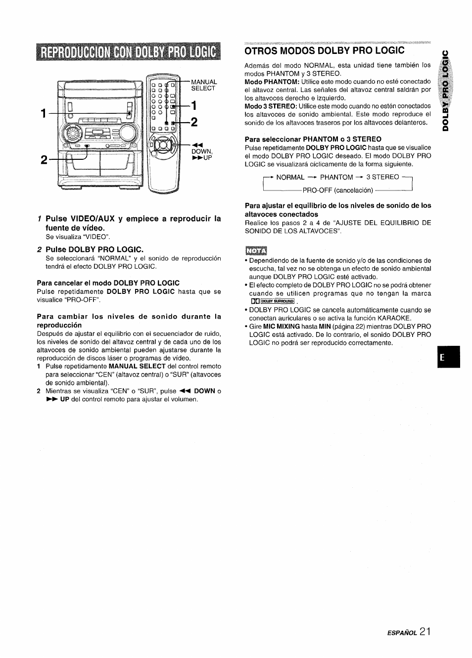 Reproduccion con dolby pro logic, 2 pulse dolby pro logic, Otros modos dolby pro logic | Aiwa CX NMA545 User Manual | Page 49 / 88