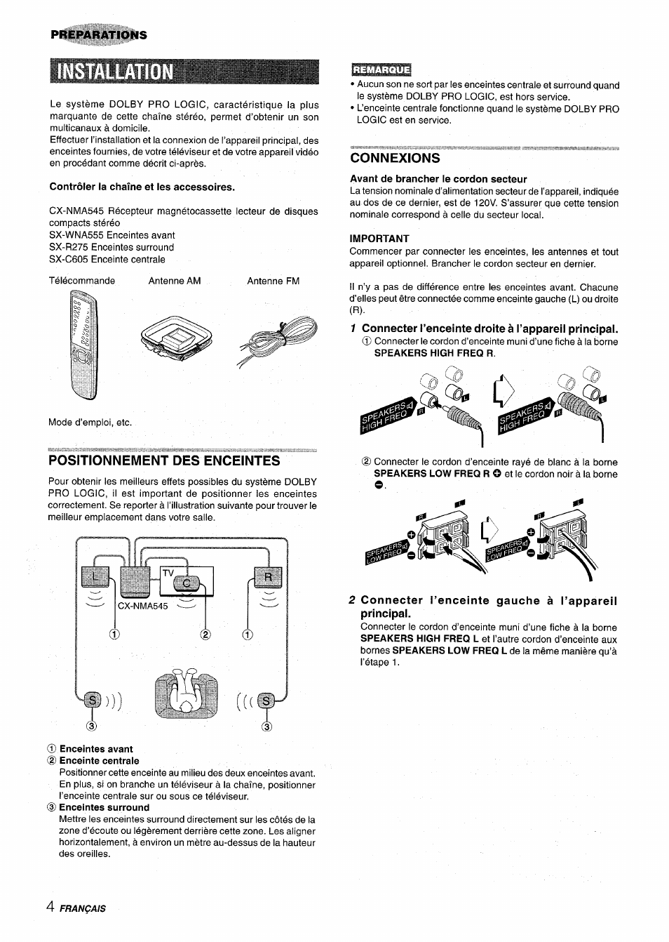 Installatio, Positionnement des enceintes, Connexions | Connecter l’enceinte gauche à l’appareil principal | Aiwa CX NMA545 User Manual | Page 60 / 88