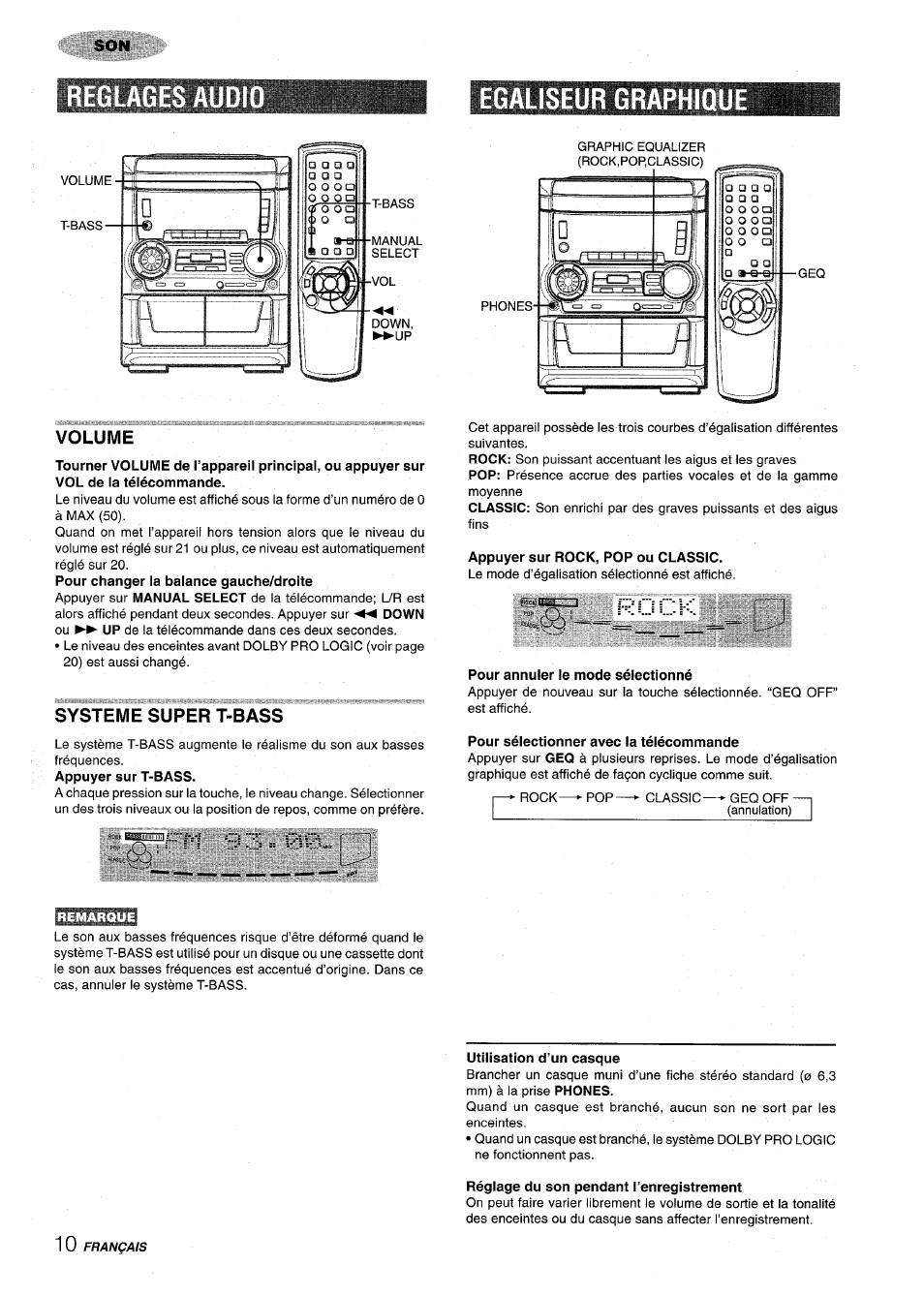 Egaliseur graphiq, Volume, Systeme super t-bass | Egaliseur graphique, Reglages audi egaliseur graphiq | Aiwa CX NMA545 User Manual | Page 66 / 88