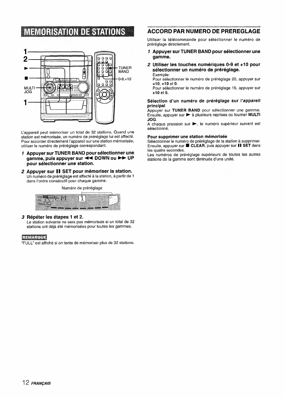 Memorisation de stations, 2 appuyer sur ii set pour mémoriser ia station, Accord par numero de prereglage | 3 répéter les étapes 1 et 2 | Aiwa CX NMA545 User Manual | Page 68 / 88