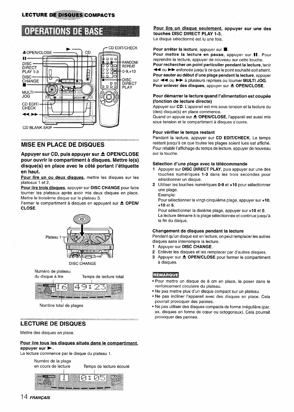 Base, Mise en place de disques, Lecture de disques | Aiwa CX NMA545 User Manual | Page 70 / 88