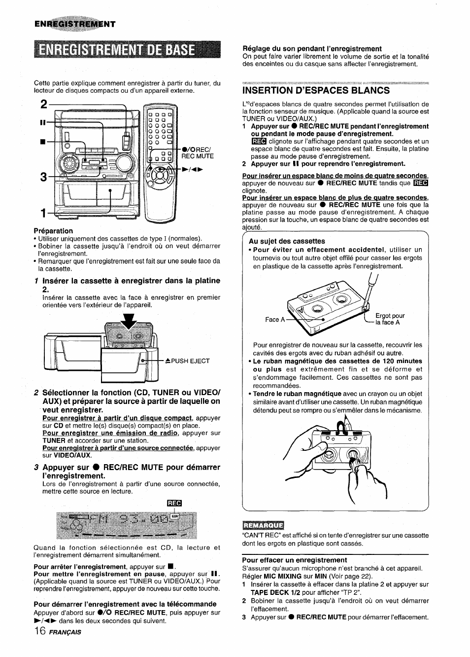 Enregistrement de base, Insertion d’espaces blancs | Aiwa CX NMA545 User Manual | Page 72 / 88