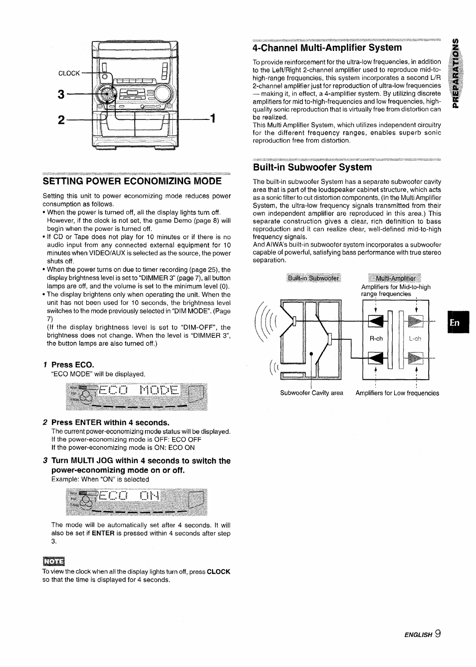 Channel multi-amplifier system, Setting power economizing mode, 1 press eco | Press enter within 4 seconds, Built-in subwoofer system, E c o 1=1 ode | Aiwa CX NMA545 User Manual | Page 9 / 88