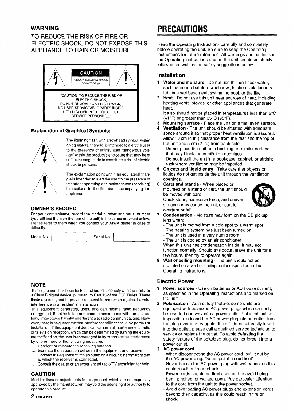 Warning, Precautions, Explanation of graphical symbols | Owner’s record, Note, Caution, Installation, Electric power, 3 ac power cord | Aiwa CSD-MD5 User Manual | Page 2 / 80