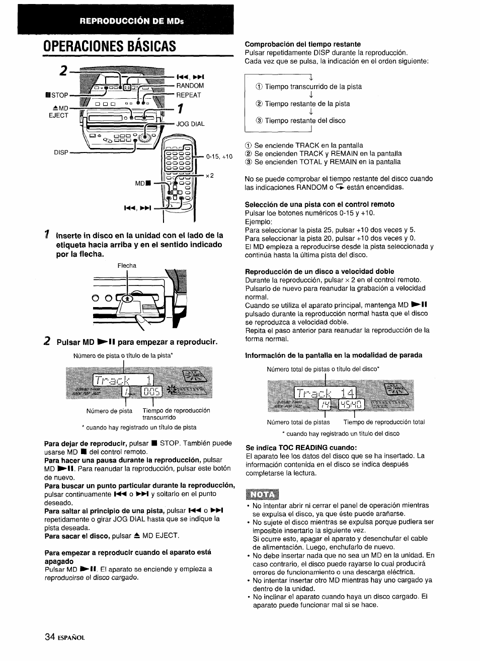 Operaciones básicas, 2 puisar md ^11 para empezar a reproducir, Comprobación del tiempo restante | Selección de una pista con ei controi remoto, Reproducción de un disco a veiocidad doble, Se indica toc reading cuando | Aiwa CSD-MD5 User Manual | Page 34 / 80