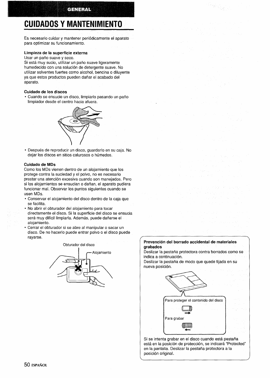 Cuidados y mantenimiento, Limpieza de la superficie externa, Cuidado de los discos | Cuidado de mds, Cuidado y mantenimiento | Aiwa CSD-MD5 User Manual | Page 50 / 80