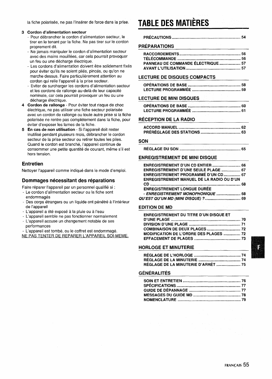 3 cordon d’alimentation secteur, Entretien, Dommages nécessitant des réparations | Table des matieres | Aiwa CSD-MD5 User Manual | Page 55 / 80