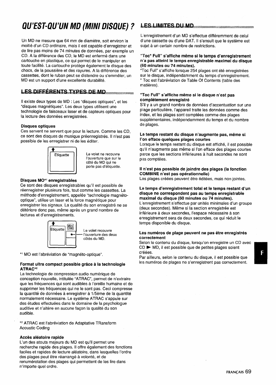 Qu’est-qu’un md (mini disque) m, Qu’est qu’un md (mini disque), Qu’est-qu’un md (mini disque) | Aiwa CSD-MD5 User Manual | Page 69 / 80