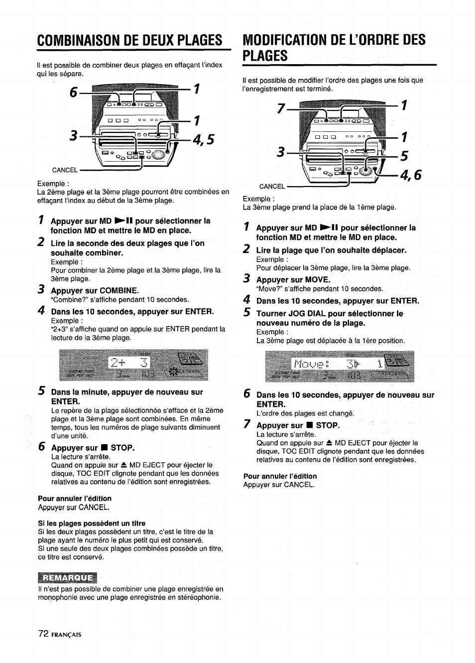 Combinaison de deux plages, Pour annuler l’édition, Si ies piages possèdent un titre | Modification de l’ordre des plages | Aiwa CSD-MD5 User Manual | Page 72 / 80