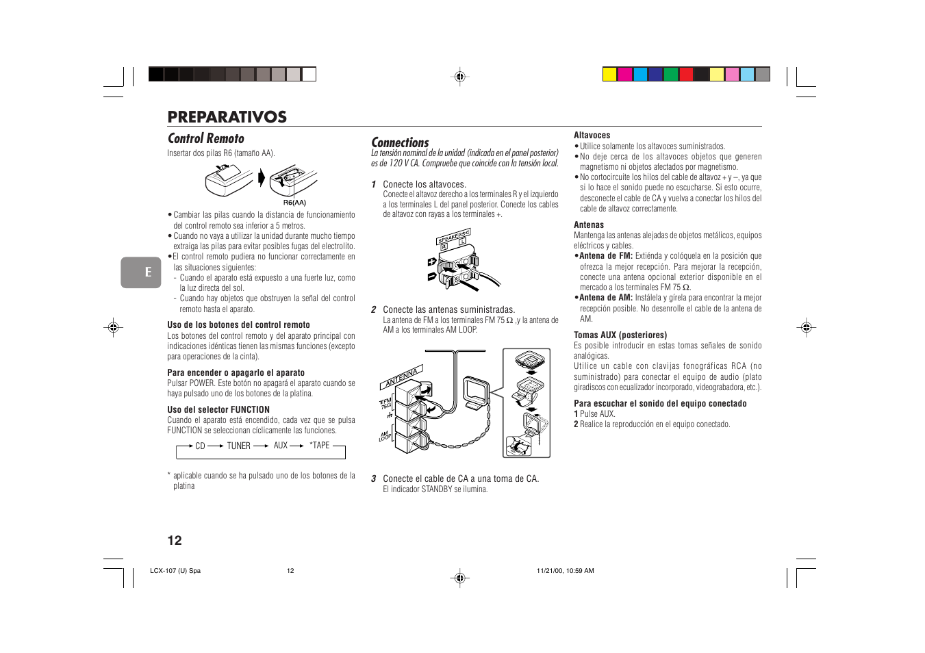 Preparativos, Control remoto, Connections | 12 e | Aiwa LCX-107 User Manual | Page 12 / 26