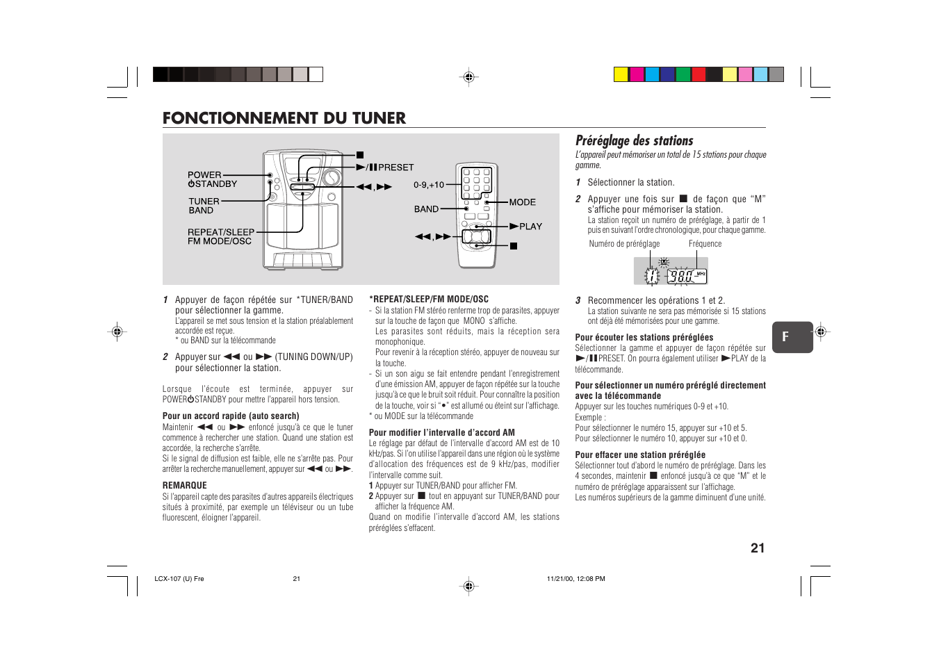 Fonctionnement du tuner, Préréglage des stations, 21 f | Aiwa LCX-107 User Manual | Page 21 / 26