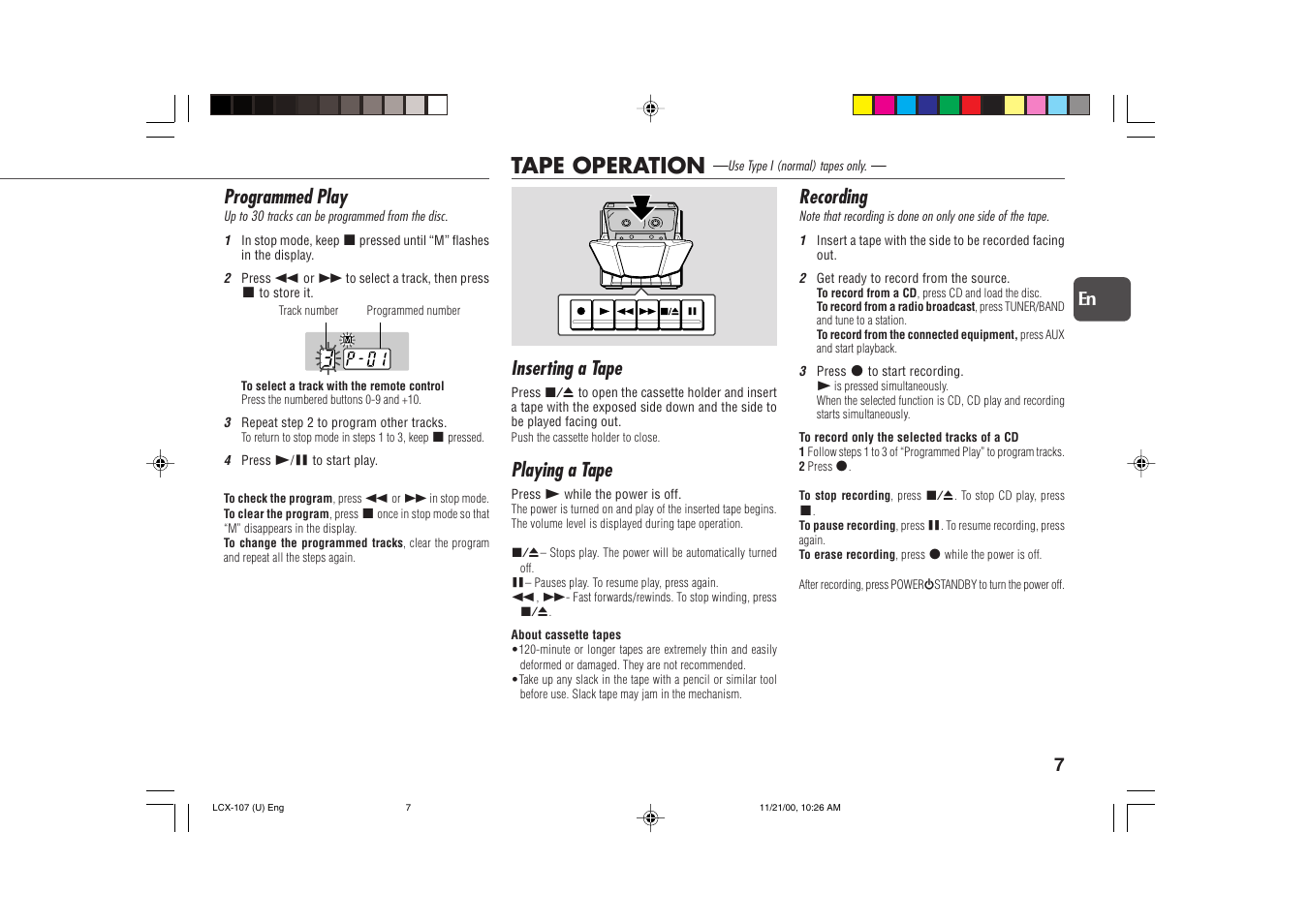 Tape operation, Programmed play, Inserting a tape | Playing a tape, Recording | Aiwa LCX-107 User Manual | Page 7 / 26