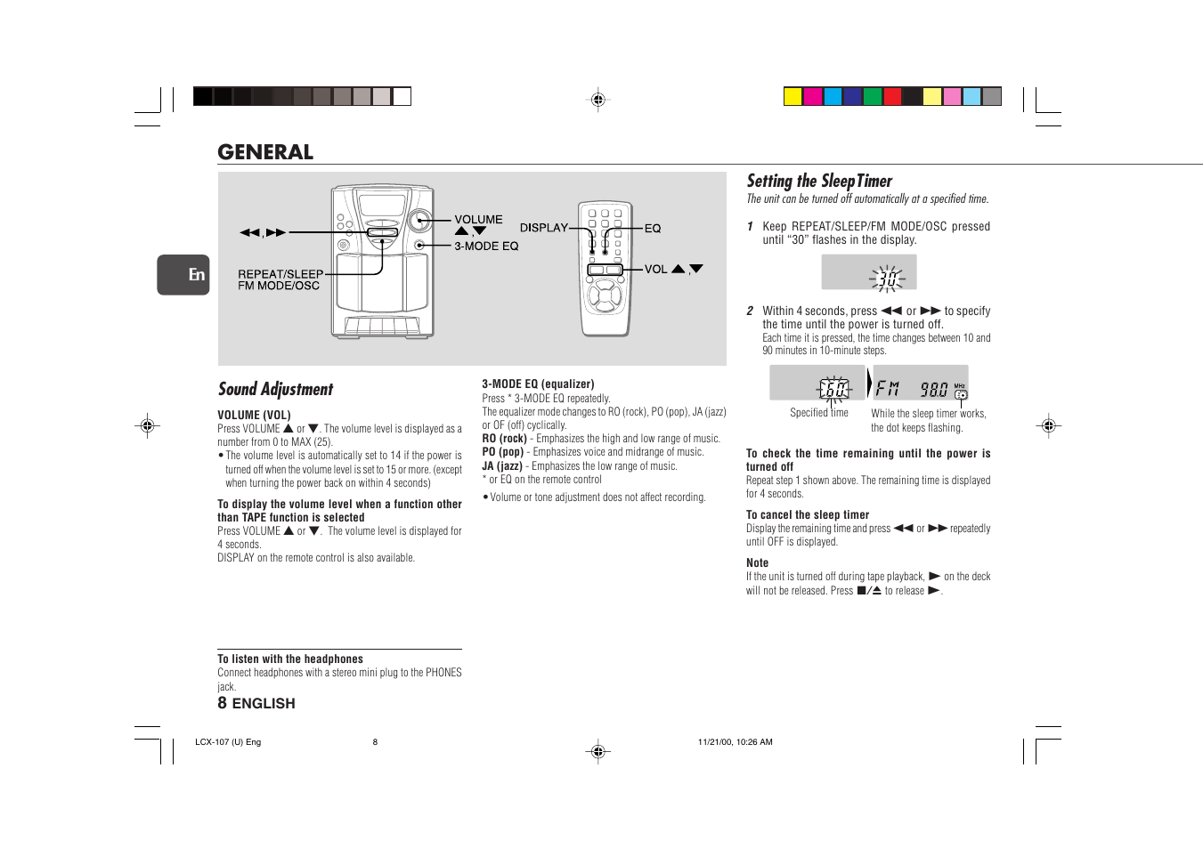 General, Sound adjustment, Setting the sleep timer | Aiwa LCX-107 User Manual | Page 8 / 26