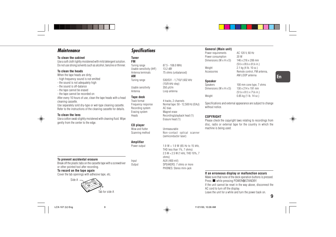 Maintenance, Specifications | Aiwa LCX-107 User Manual | Page 9 / 26