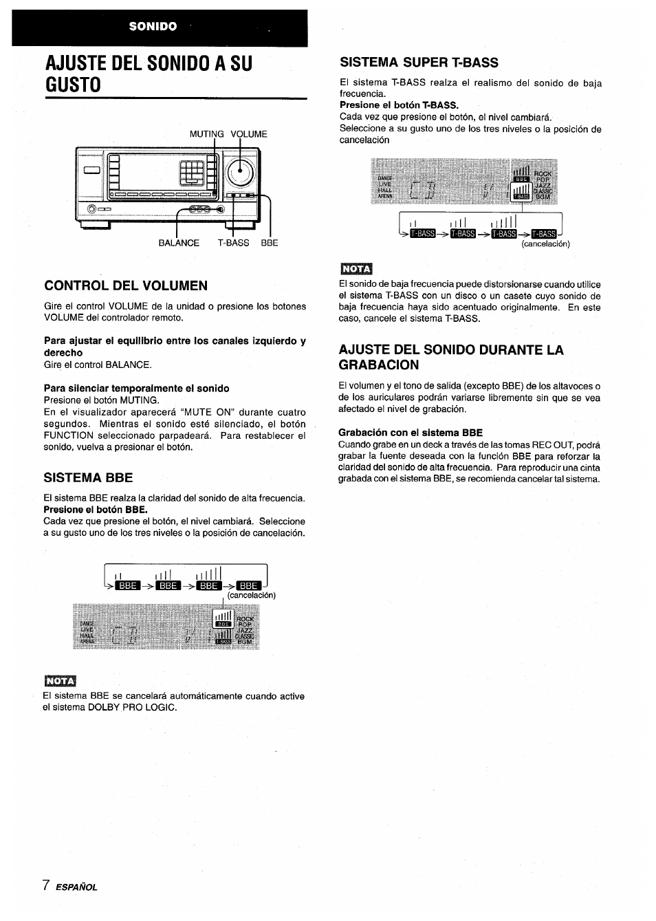 Ajuste del sonido a su gusto, Sistema super t-bass, Control del volumen | Para silenciar temporalmente el sonido, Sistema bbe, Ajuste del sonido durante la grabacion, Grabación con el sistema bbe | Aiwa AV-X200 User Manual | Page 26 / 56