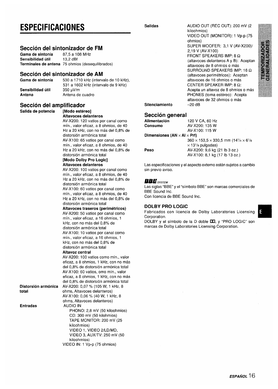 Especificaciones, Sección del sintonizador de fm, Sección del sintonizador de am | Sección del amplificador, Sección general | Aiwa AV-X200 User Manual | Page 35 / 56