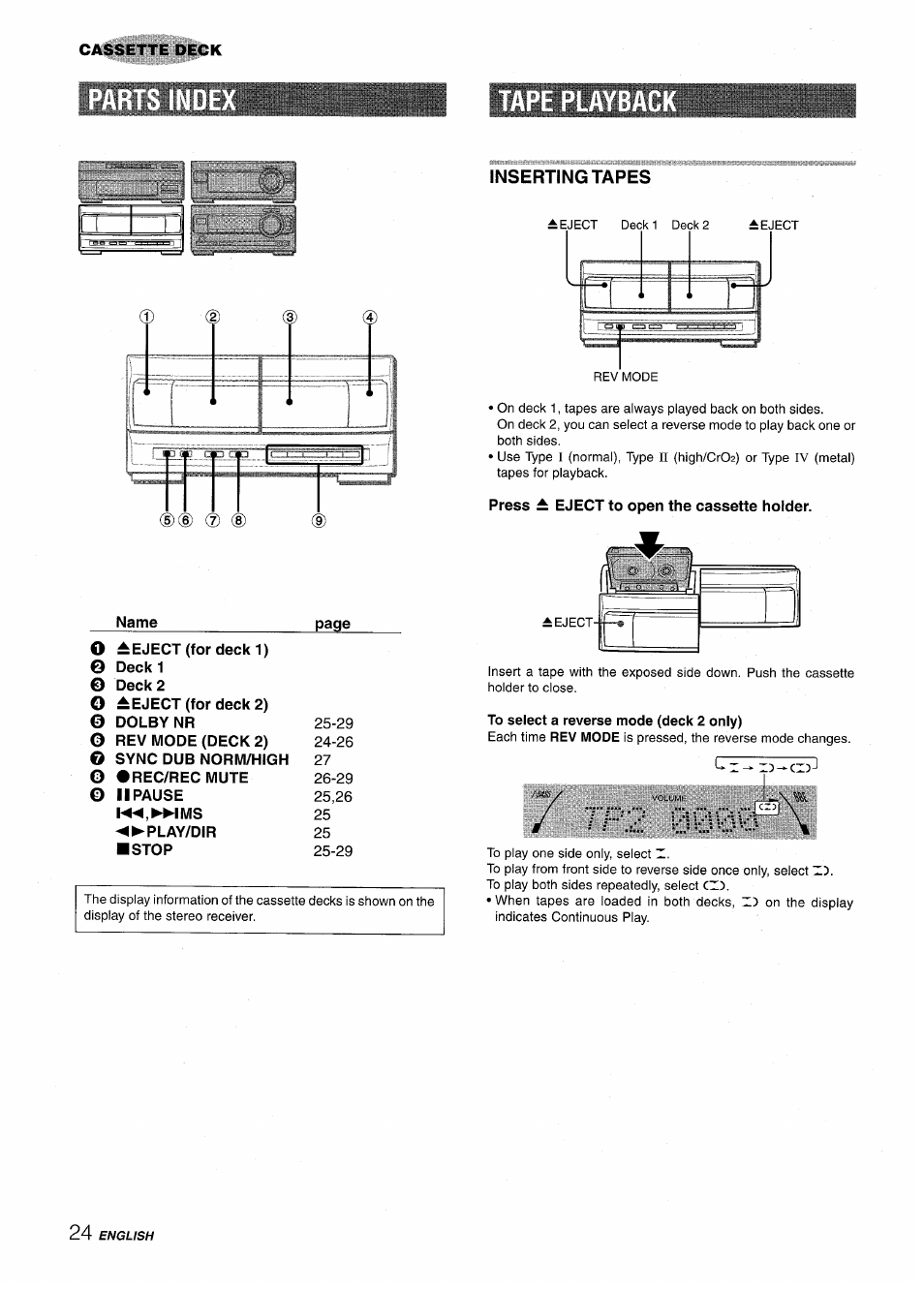 Inserting tapes, Name, Press ± eject to open the cassette holder | To select a reverse mode (deck 2 only) | Aiwa XR-M1000 User Manual | Page 24 / 100