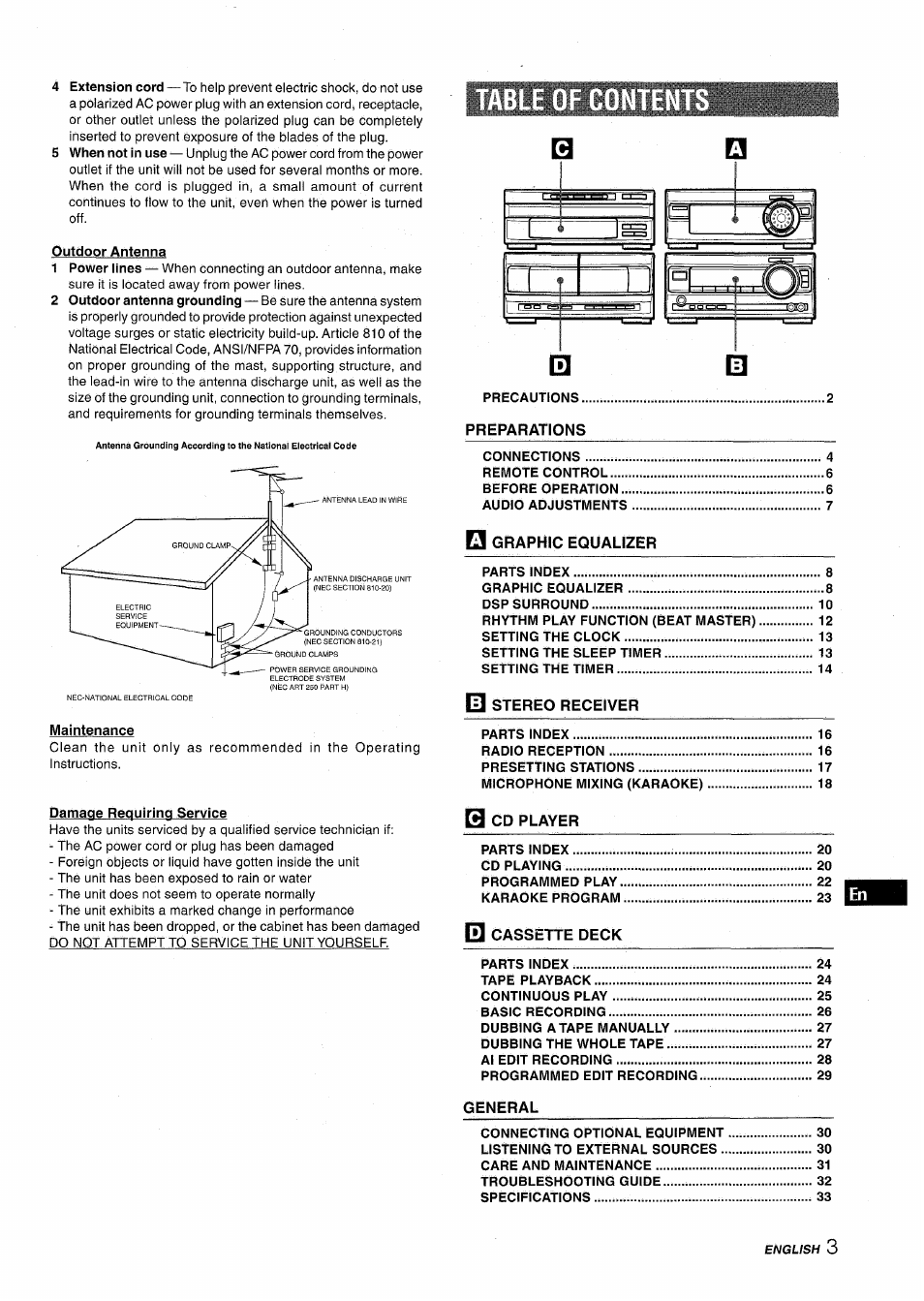 Outdoor antenna, Maintenance, Damage requiring service | Aiwa XR-M1000 User Manual | Page 3 / 100