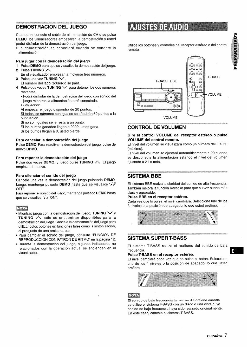 Demostracion del juego, Para jugar con la demostración del juego, Para cancelar la demostración del juego | Para reponer la demostración dei juego, Para silenciar el sonido del juego, Control de volumen, Sistema bbe, Sistema super t-bass | Aiwa XR-M1000 User Manual | Page 39 / 100