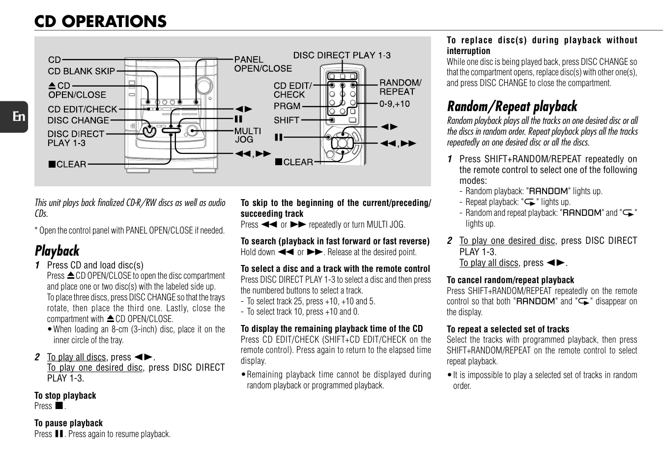 Cd operations, Playback, Random/repeat playback | 10 en | Aiwa NSX-AJ800 User Manual | Page 10 / 23