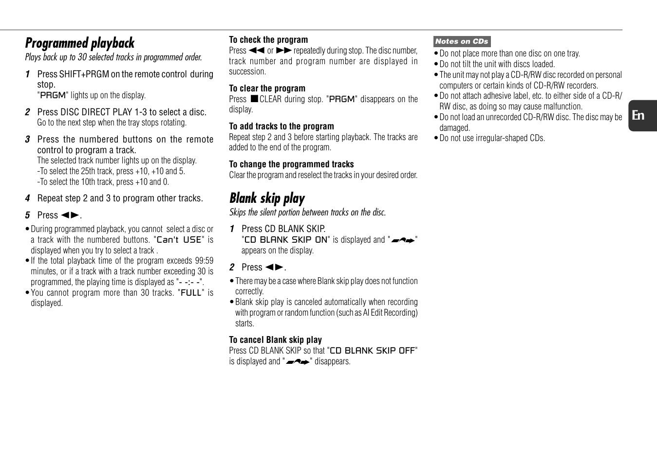 Programmed playback, Blank skip play, 11 en | Aiwa NSX-AJ800 User Manual | Page 11 / 23