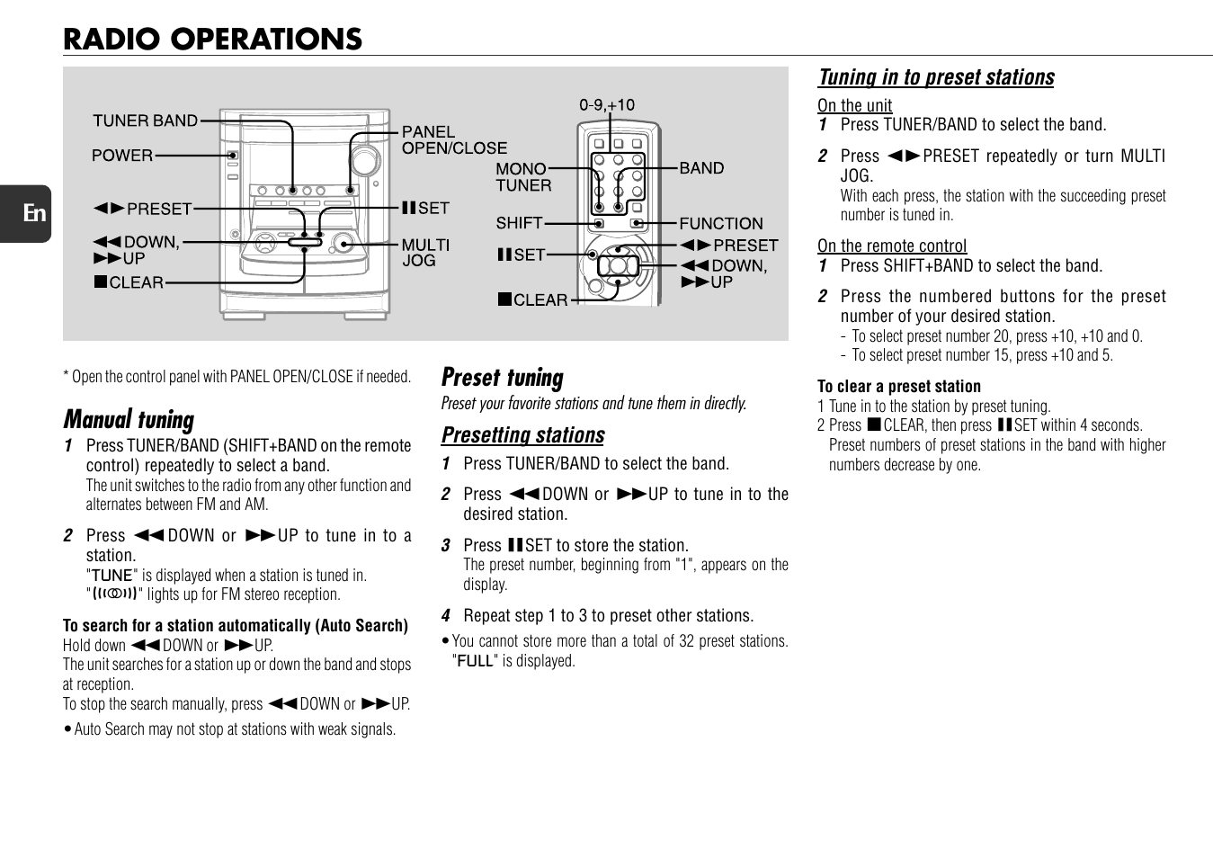 Radio operations, Manual tuning, Preset tuning | 12 en | Aiwa NSX-AJ800 User Manual | Page 12 / 23