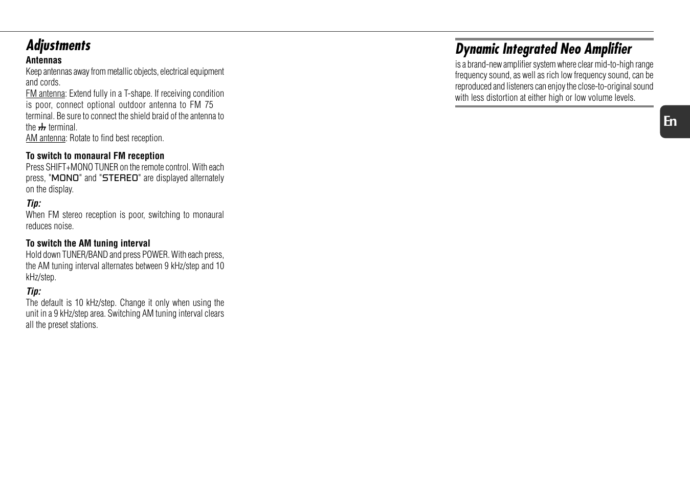 Adjustments, Dynamic integrated neo amplifier, 13 en | Aiwa NSX-AJ800 User Manual | Page 13 / 23