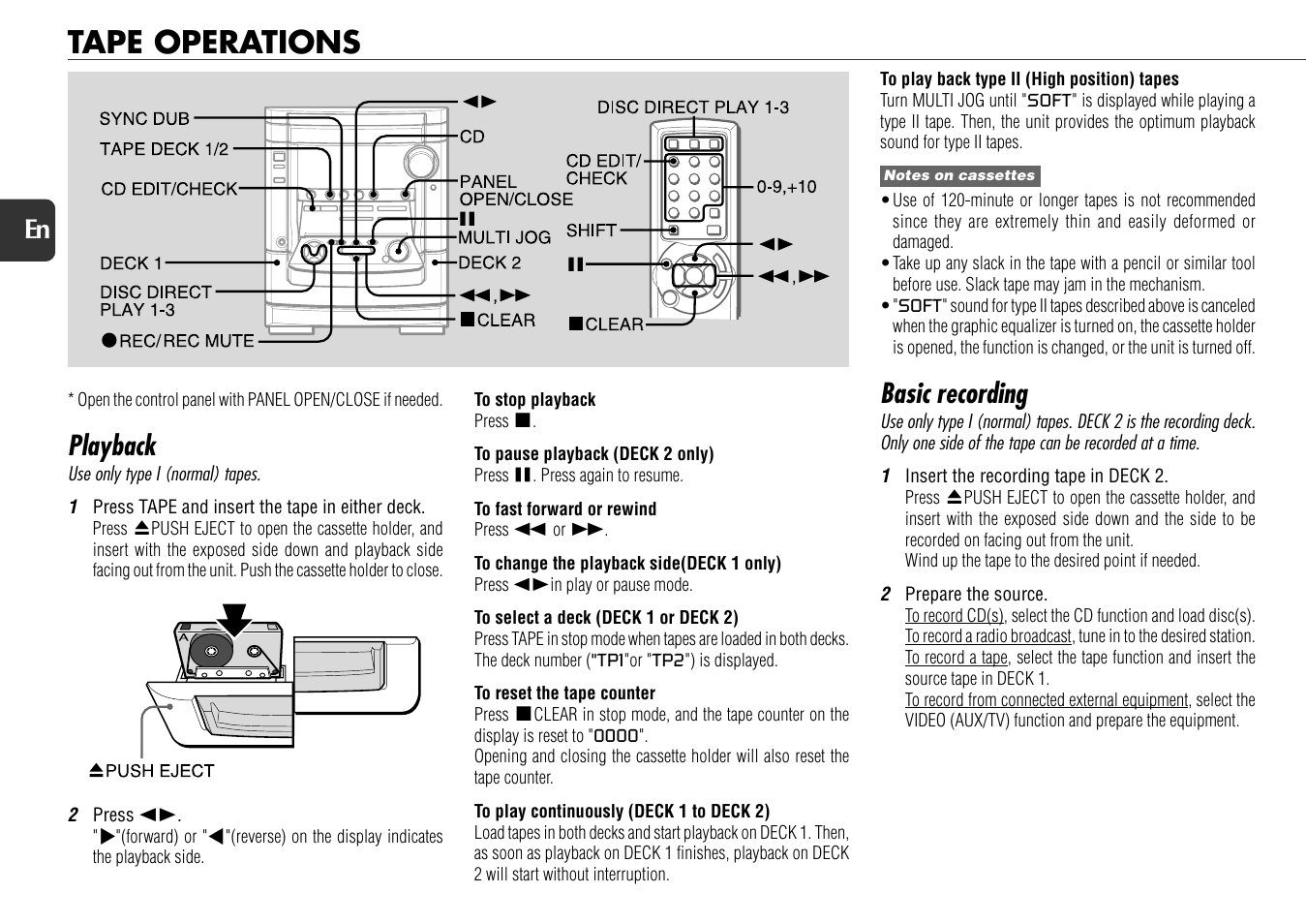 Tape operations, Playback, Basic recording | 14 en | Aiwa NSX-AJ800 User Manual | Page 14 / 23