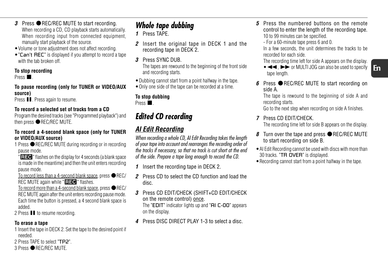 Whole tape dubbing, Edited cd recording, 15 en | Aiwa NSX-AJ800 User Manual | Page 15 / 23