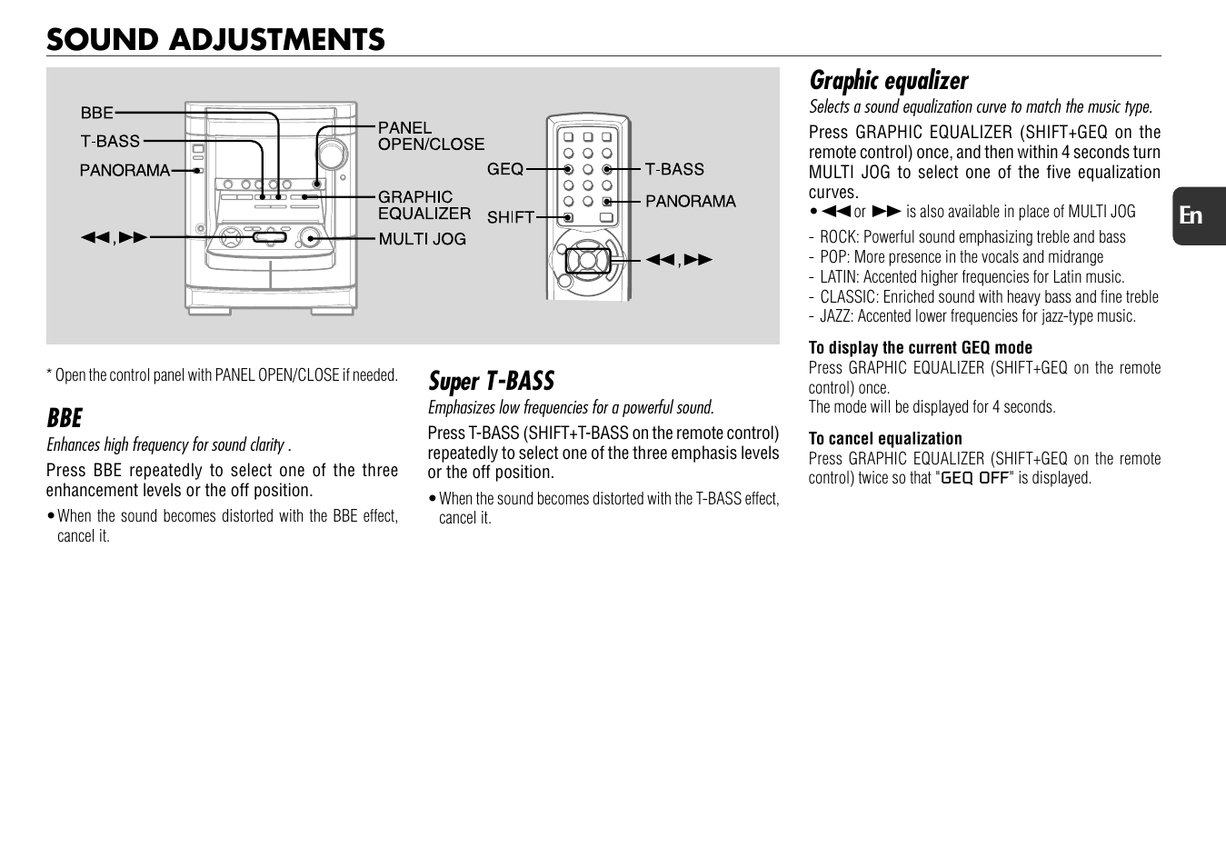 Sound adjustments, Super t-bass, Graphic equalizer | 17 en | Aiwa NSX-AJ800 User Manual | Page 17 / 23