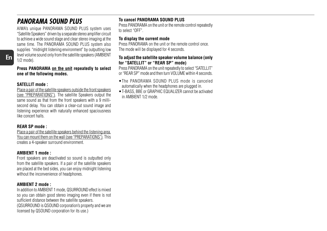 Panorama sound plus, 18 en | Aiwa NSX-AJ800 User Manual | Page 18 / 23