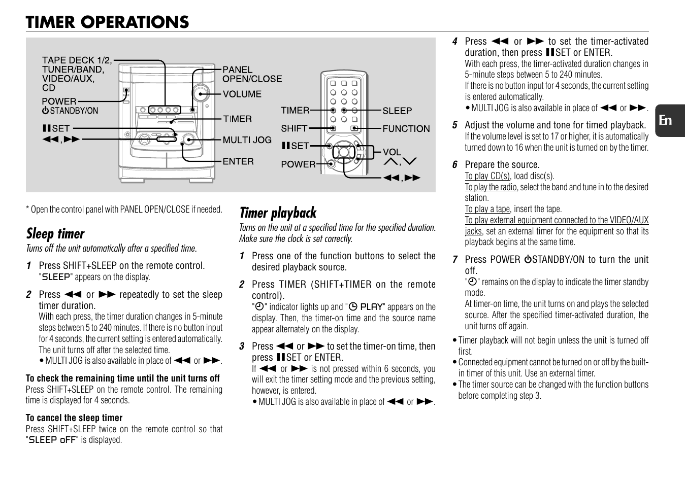 Timer operations, Sleep timer, Timer playback | 19 en | Aiwa NSX-AJ800 User Manual | Page 19 / 23