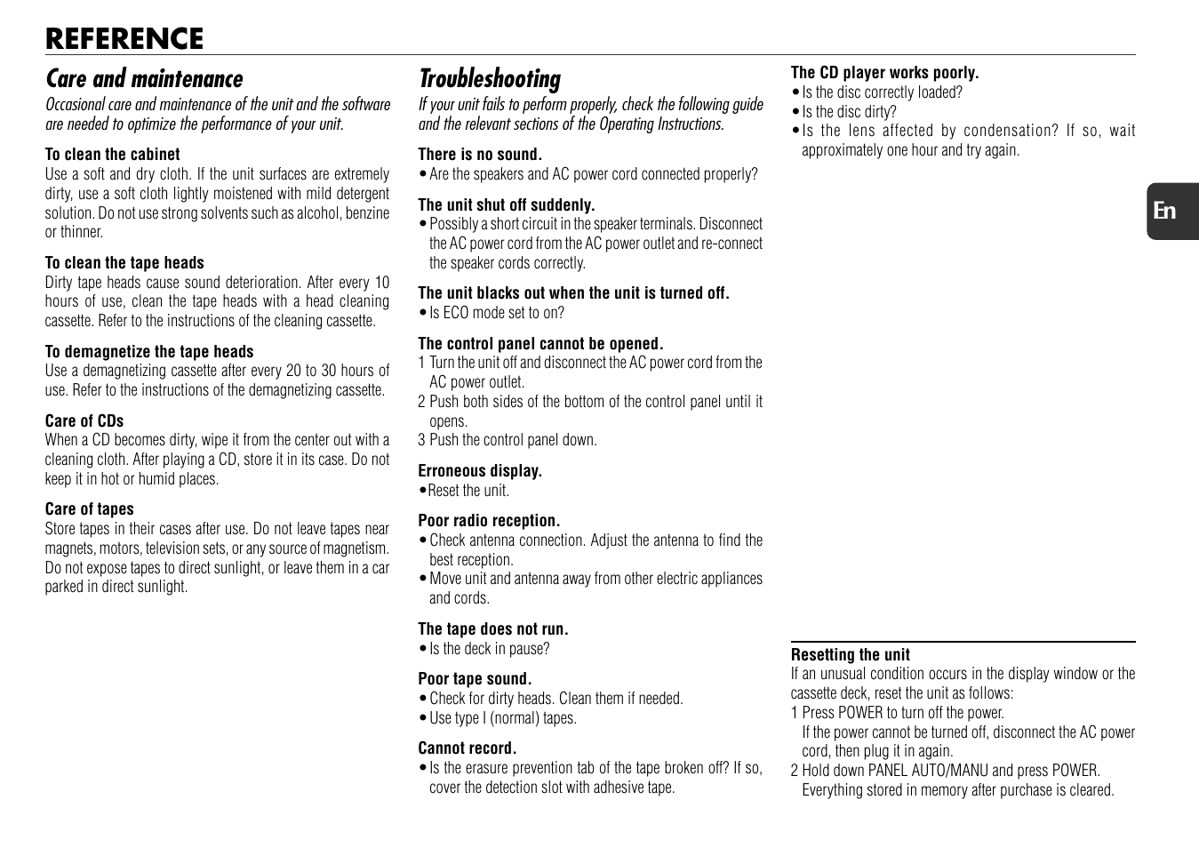 Reference, Care and maintenance, Troubleshooting | 21 en | Aiwa NSX-AJ800 User Manual | Page 21 / 23