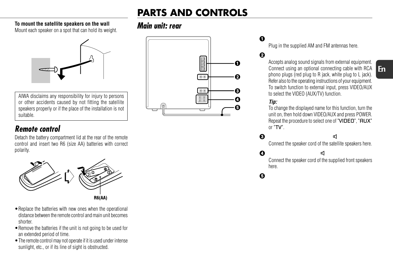 Parts and controls, Main unit: rear, Remote control | Aiwa NSX-AJ800 User Manual | Page 5 / 23