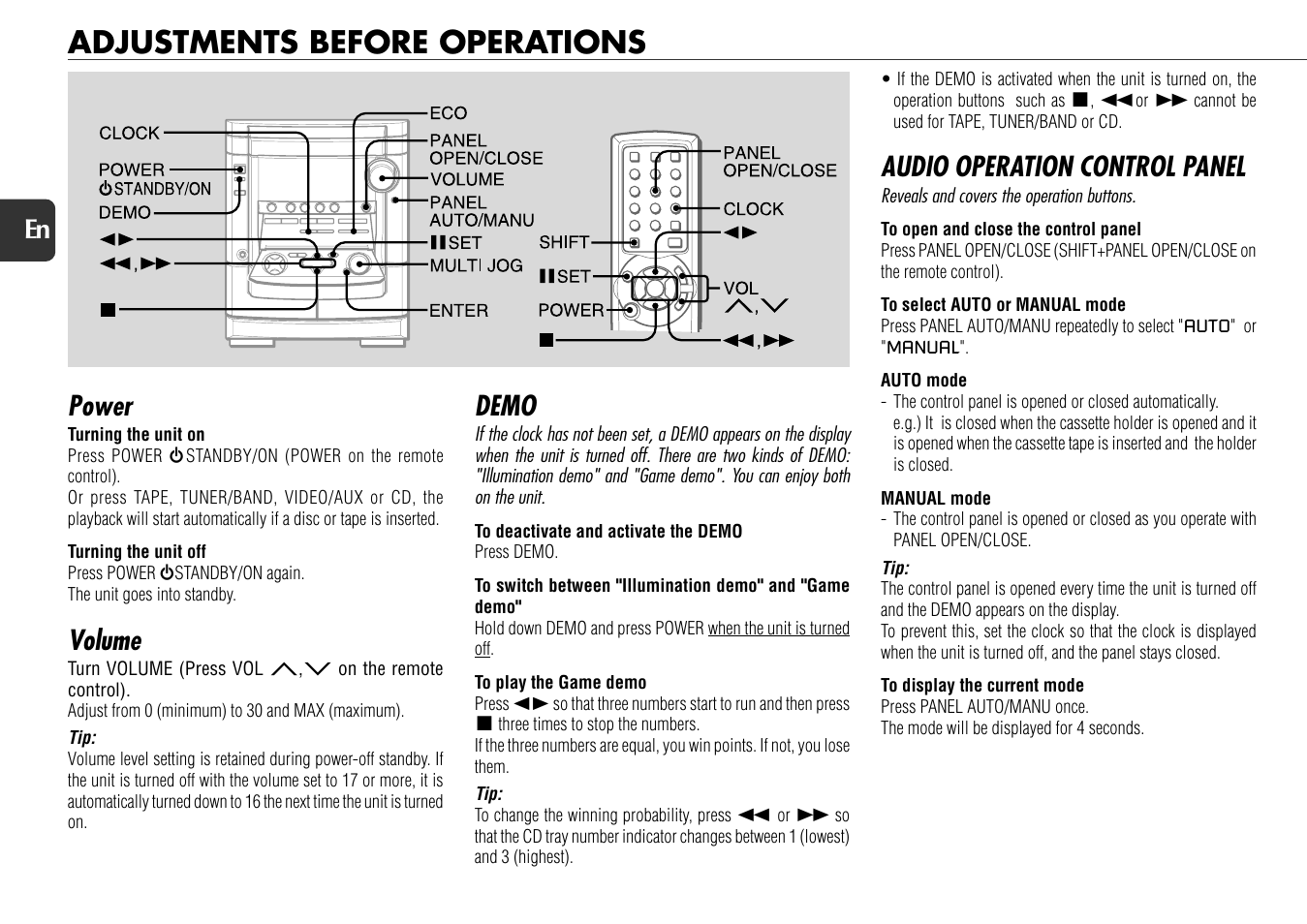 Adjustments before operations, Power, Volume | Demo, Audio operation control panel | Aiwa NSX-AJ800 User Manual | Page 8 / 23