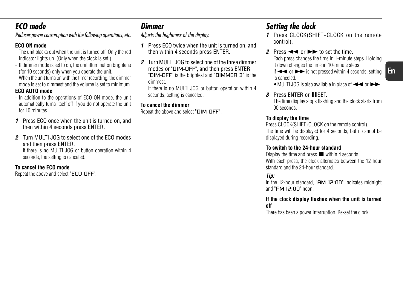 Dimmer, Setting the clock, Eco mode | Aiwa NSX-AJ800 User Manual | Page 9 / 23