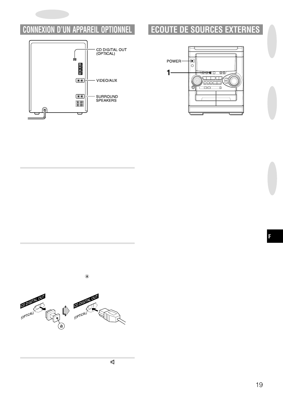 Connexion d’un appareil optionnel, Ecoute de sources externes | Aiwa NSX-AJ20 User Manual | Page 60 / 62