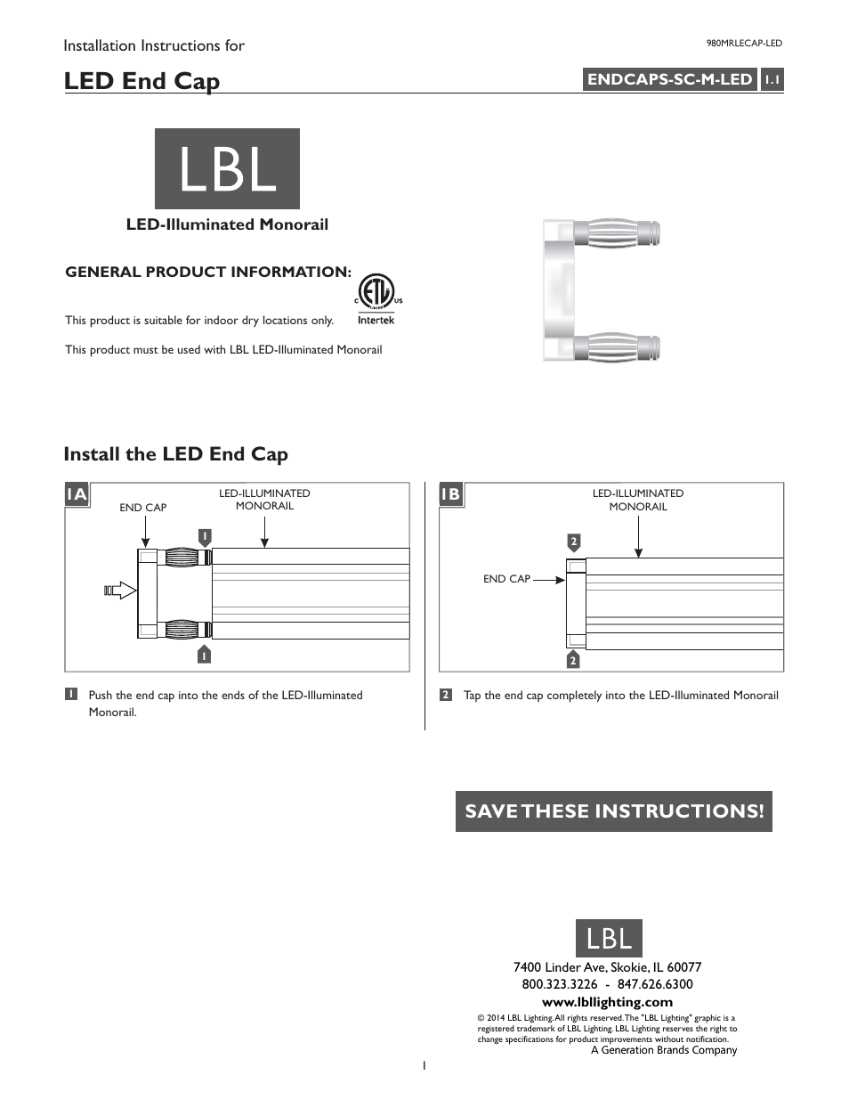 LBL Lighting LED Illum MO End Cap User Manual | 1 page