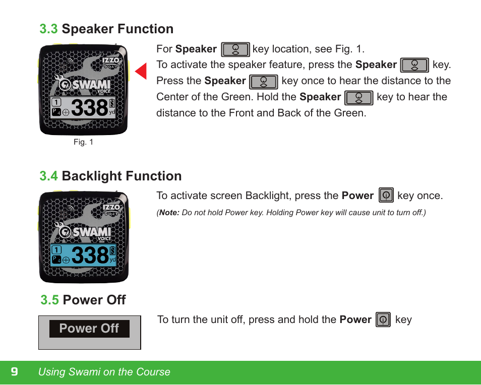 5 power off, 3 speaker function, 4 backlight function | Izzo Golf swami-voice-golf-gps User Manual | Page 10 / 16