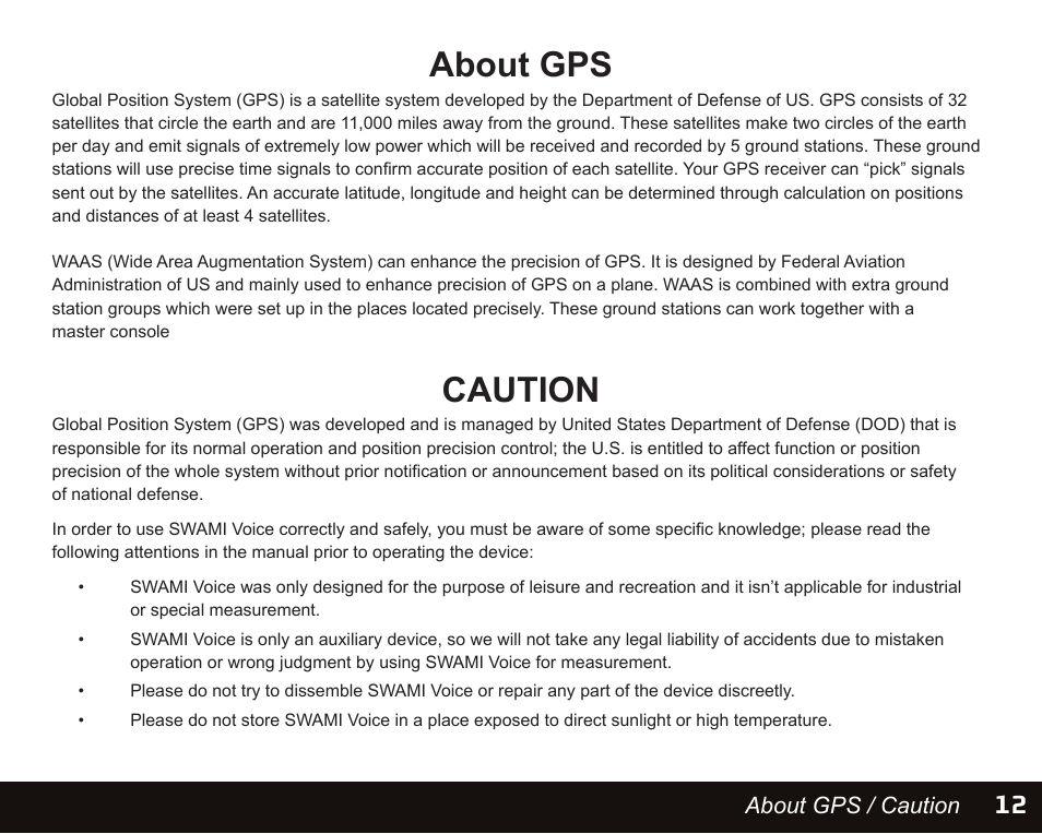 About gps, Caution | Izzo Golf swami-voice-golf-gps User Manual | Page 13 / 16