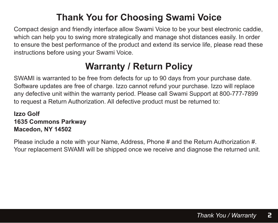 Warranty / return policy | Izzo Golf swami-voice-golf-gps User Manual | Page 3 / 16