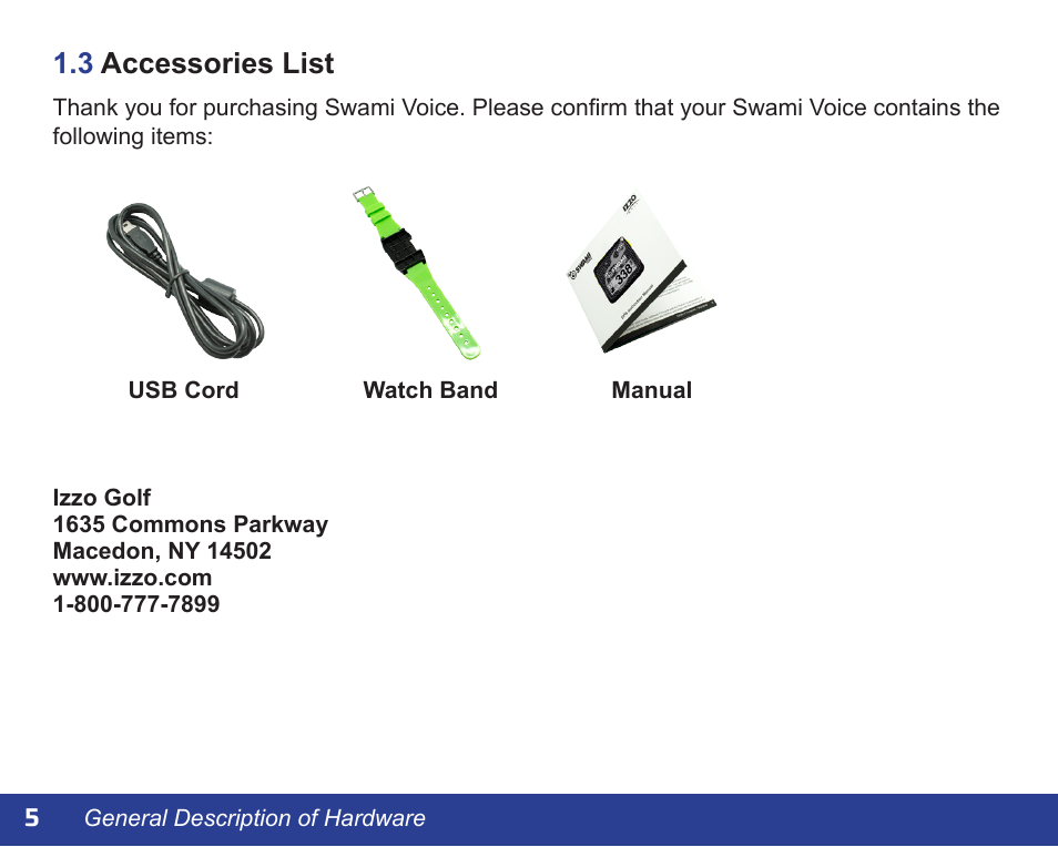 3 accessories list | Izzo Golf swami-voice-golf-gps User Manual | Page 6 / 16